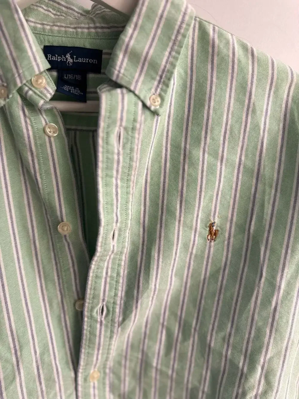Ralph Lauren Boys Green Striped Oxford Button Down Shirt Size L (16/18)